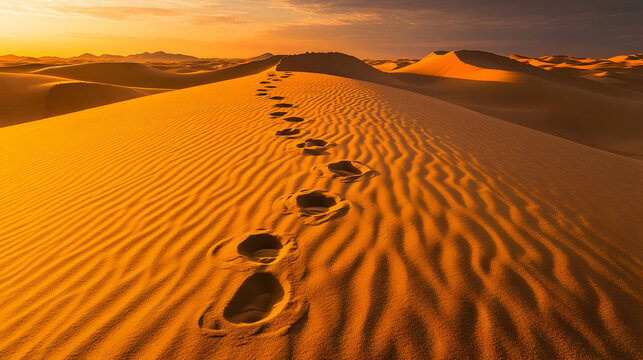 Footprints leading through golden sand dunes at sunrise