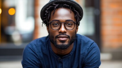 Fototapeta premium A young man is sitting calmly outside in an urban area, wearing glasses and a well-fitted shirt. He shows an engaging expression and has a stylish hat, surrounded by a modern environment