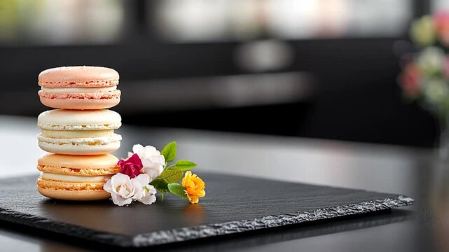 A beautifully arranged stack of colorful macarons on a slate plate with flowers in a modern caf? setting