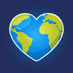 Cartoon flat Earth planet in heart shape as a concept of protecting world for Earth Day holiday isolated on dark blue background.
