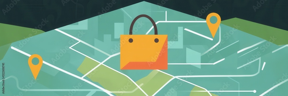 Aufkleber elegant illustration of a delivery route map featuring a grocery bag icon and location pins with a c