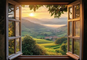 Serene Sunrise View from Open Window Framing Lush Green Hills and Golden Light Over Valley in Tranquil Rural Landscape