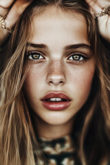 Naklejka premium Close-up of a young woman with striking green eyes and natural makeup showcasing her unique beauty and expression