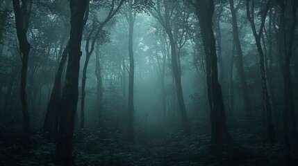 Mysterious Fog Shrouded Forest with Towering Trees and Eerie Atmosphere