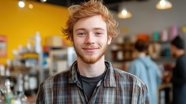 A young man with curly red hair and a beard stands in a vibrant cafe, smiling at the camera. The background features other customers and shelves filled with various items - Powered by Adobe