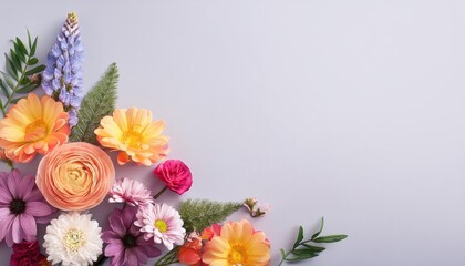 Vibrant Spring Floral Arrangement on Light Pastel Background, Capturing the Essence of Freshness and Joyful Energy Amidst a Colorful Blossom Explosion.