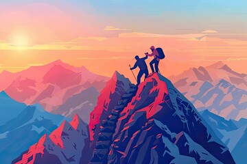 Clear Pixel Picture of Teamwork Concept Man Helping Friend Reach Mountain Top