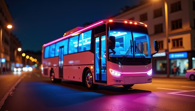 Close-Up of Party Bus at Night with Blue and Pink LED Lights