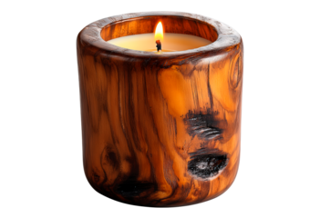 Unique wooden bowl candle handcrafted isolated on transparent background