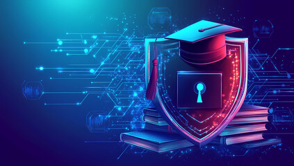 Digital Education Defense: A digital artwork depicts a graduation cap atop a shield with a lock symbol, set against a background of interconnected digital networks and a stack of books.