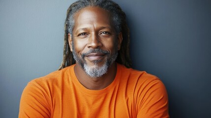 A middle-aged man with long, gray dreadlocks smiles warmly while wearing an orange shirt. The background is a soft gray, enhancing his joyful demeanor and unique style