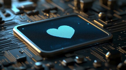 Heart on a computer chip, symbol of love and connection in technology, ai, the future