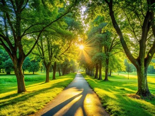 Obraz premium Slow Motion Summer Park Path, Empty Pathway, Summer Day, Sunlit Park, Peaceful Park Scene, Serene Nature Photography