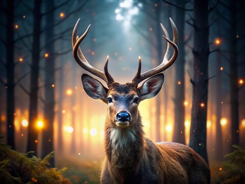 Majestic Button Buck in Low Light Forest - Dramatic Wildlife Photography
