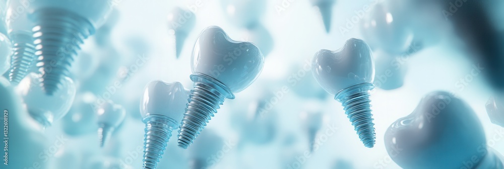 Poster floating representations of titanium dental implants amidst a soft blue and white abstract backgroun