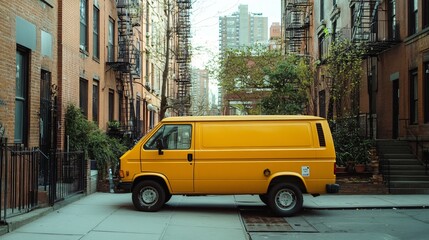 Fototapeta premium Urban Scene: Yellow Van Parked on Sidewalk in City Setting - Transportation Photo