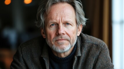 A man with gray hair and a well-groomed beard sits contemplatively at a table. Soft lighting creates a warm and inviting ambiance, suggesting a relaxed evening mood