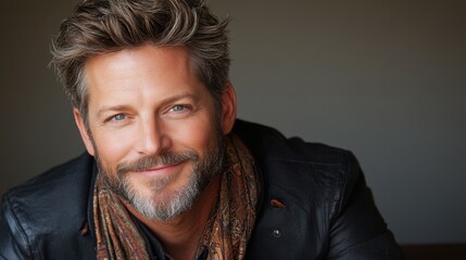 Obraz premium A well-groomed man with a friendly smile and a stylish scarf sits in a cozy environment. Soft lighting highlights his features, creating an inviting atmosphere