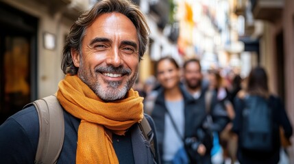 Fototapeta premium A man with a warm smile and an orange scarf stands in a bustling street surrounded by other people, showcasing a vibrant urban environment on a bright day