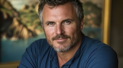 A man with handsome features and salt and pepper hair smiles gently while resting his arms on a table. The coastal backdrop enhances the relaxed atmosphere of the moment