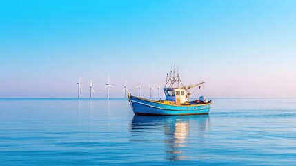 Fishing Boat and Offshore Wind Turbines at Sea