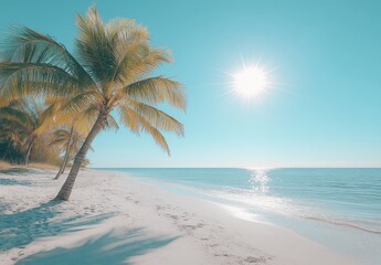 Fototapeta premium Serene Tropical Beach with Palm Trees and Bright Sun Above Crystal Clear Water in Paradise Setting on a Warm, Sunny Day