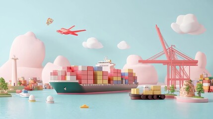 Fototapeta premium 3D rendered import-export logistics in pastel tones, flat design, visualizing global cargo transport. 