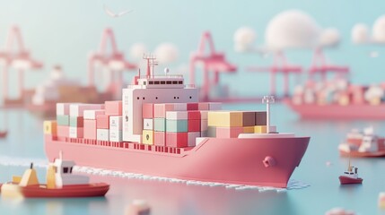 Obraz premium 3D rendered import-export logistics in pastel tones, flat design, visualizing global cargo transport. 