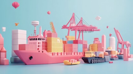 Fototapeta premium 3D rendered import-export logistics in pastel tones, flat design, visualizing global cargo transport. 