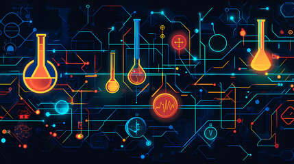 Illuminating the Elements: A vivid digital artwork featuring stylized laboratory flasks and interconnected circuit board patterns, suggesting the fusion of science and technology.