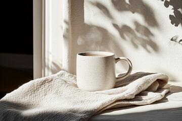 A single, elegantly designed ceramic coffee cup sits on a textured linen cloth, accompanied by a subtle swirl of steam rising against a softly blurred, neutral-toned background