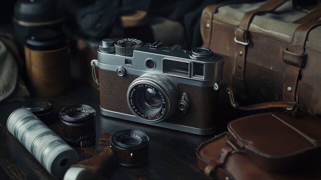A vintage film camera and photography accessories arranged on wood - Powered by Adobe