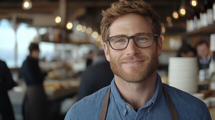 Obraz premium A friendly man wearing glasses and an apron stands in a lively cafe, smiling warmly at customers while serving coffee and pastries in a bright space filled with activity
