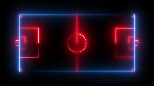 Soccer Field With Neon Lights Top View , Football pitch on a blackboard, Football tactics diagram. 4K Video motion graphic animation.