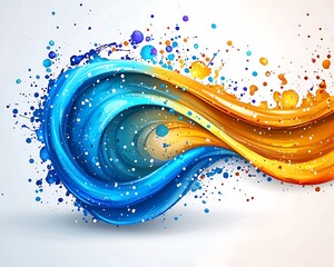Colorful swirling abstract ribbons with paint splatters and dots