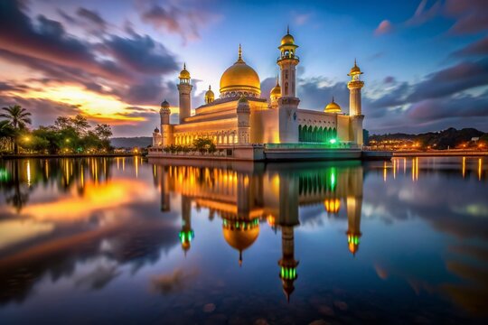 Majestic Omar Ali Saifuddien Mosque at Night, Long Exposure Photography
