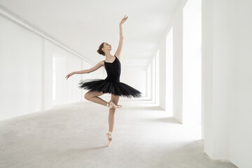 Ballet dancer posing inside light empty space