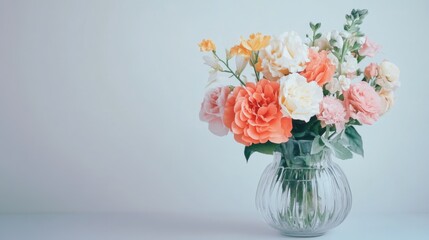 A colorful bouquet of various flowers sits in a glass vase