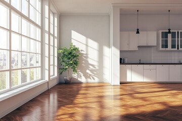 Fototapeta premium Sunlit modern apartment interior with hardwood floors and kitchen.
