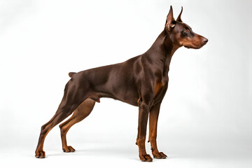 brown doberman posing in studio with sleek coat and muscular build