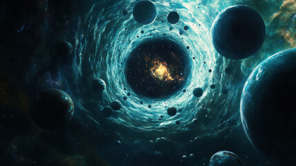 A magnificent cosmic art piece featuring an array of uniquely designed planets, suspended in the infinite darkness of space