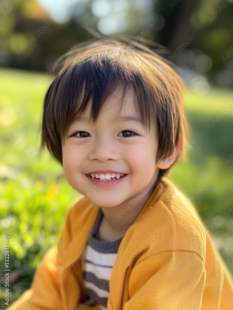 Poster smiling child enjoys a sunny day in the park with vibrant green grass in the background