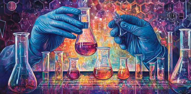 Scientific Precision: A scientist meticulously works with lab equipment, creating a scene that merges science and artistry