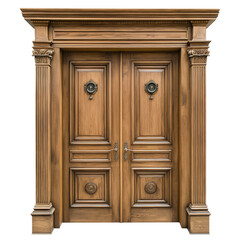 Elegant wooden double door with classic frame, cut out. Isolated on a transparent background.