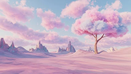 Handdoek met foto Meisjeskamer Surreal landscape features puffy pink clouds, colorful mountains, and a fantasy tree Evokes imagination, tranquility, and magic  © Qbertstudio