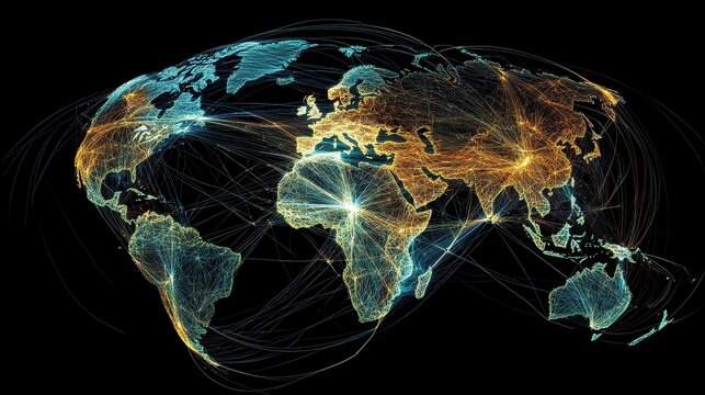 Digital globe with connected trade routes, global network, world trade. 