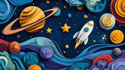 Cosmic Adventure: Embark on an interstellar journey with a vibrant illustration, featuring a whimsical rocket soaring through a mesmerizing galaxy, alongside planets, stars, and celestial wonders.