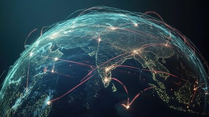 Digital globe with connected trade routes, global network, world trade. 
