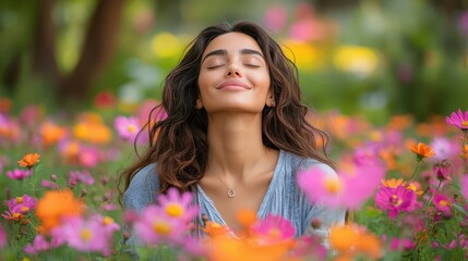 Naklejka premium A young woman with long hair relaxes amid colorful flowers in a sunny garden. She appears content, connecting with nature and enjoying the peaceful atmosphere