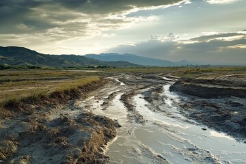 Fototapeta premium Muddy Road Through Rural Landscape Dramatic Sunset Sky Mountain Scenery Off Road Track Vehicle Trails Countryside Dirt Road Nature Photography 